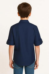 Boys Full Sleeves Embellished Solid Shirt and T-Shirt Navy