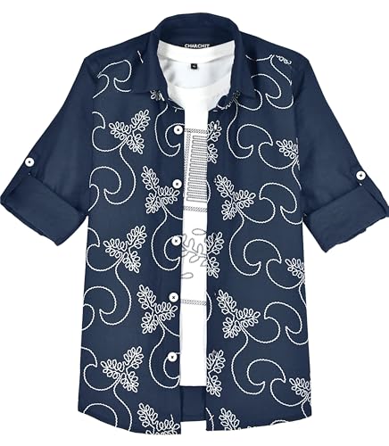 Boys Full Sleeves Embellished Solid Shirt and T-Shirt Navy