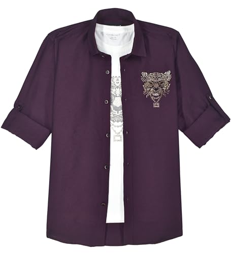 Boys Full Sleeves Embellished Solid Shirt and T-Shirt Violet