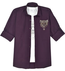 Boys Full Sleeves Embellished Solid Shirt and T-Shirt Violet
