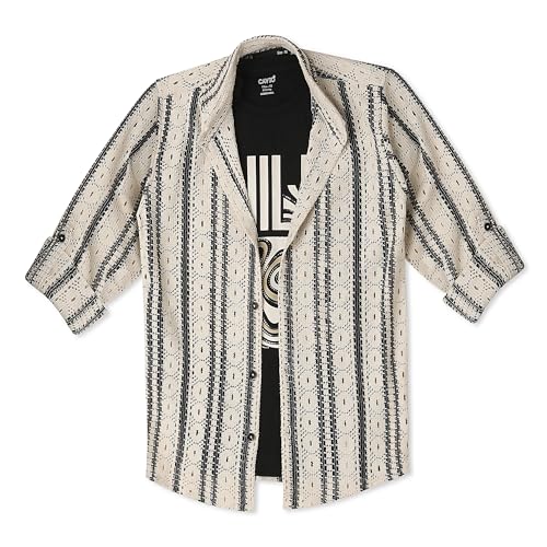CAVIO Boys Cotton Knited Full Sleeves Striped Shirt with T-Shirt Cream