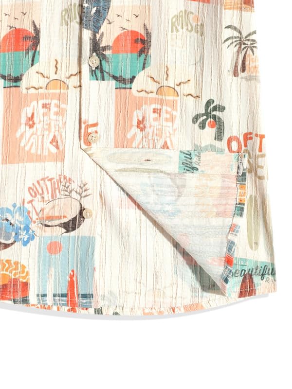Charchit boys cotton blend half-sleeve printed shirt and T-shirt in cream color, displayed flat with colorful patterns.