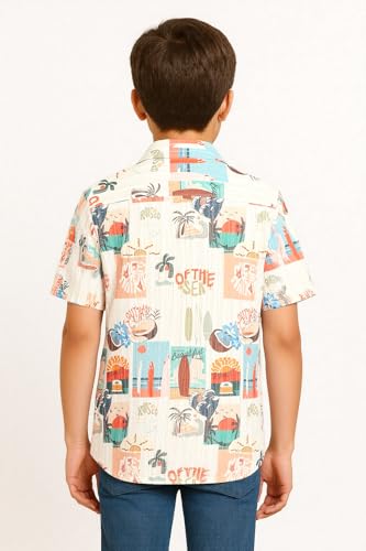 Boy wearing a cream cotton blend half-sleeve printed shirt and T-shirt by Charchit, casual boys' clothing ensemble.