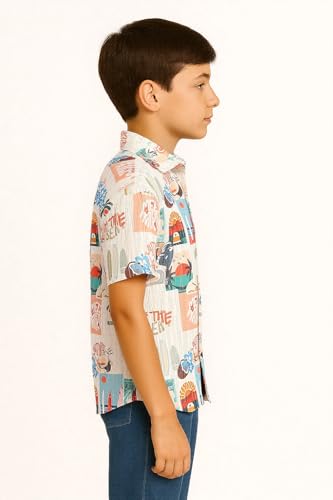 Boys cotton blend half-sleeve printed shirt and T-shirt in cream from Charchit, displayed on a hanger with colorful patterns.