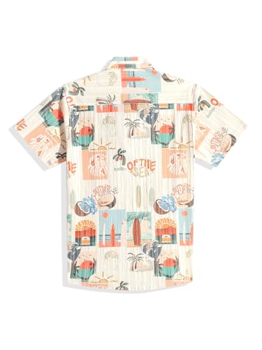 Boy wearing a cream cotton blend half-sleeve printed shirt and T-shirt by Charchit, front view showing colorful design.