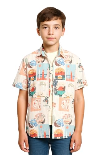 Boy wearing a cream cotton blend half-sleeves printed shirt and T-shirt, casual boys' clothing from Charchit.
