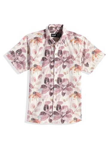Boy wearing a cream cotton blend half-sleeve printed shirt and T-shirt by Charchit, casual clothing for kids.