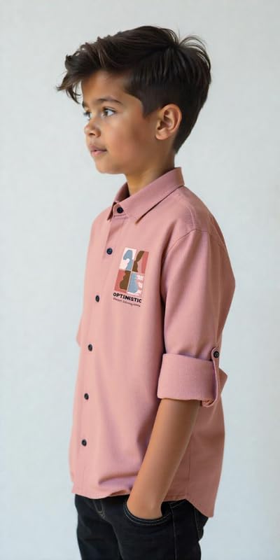 CAVIO Boys Cotton Spread Collar Full Sleeves Solid Shirt Peach