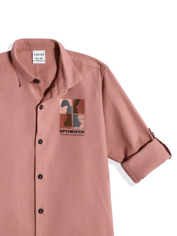 CAVIO Boys Cotton Spread Collar Full Sleeves Solid Shirt Peach