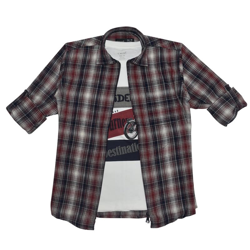 CAVIO Boys Checks Full Sleeve Shirt and T-Shirt Red