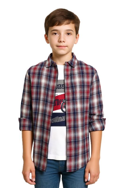 CAVIO Boys Checks Full Sleeve Shirt and T-Shirt Red