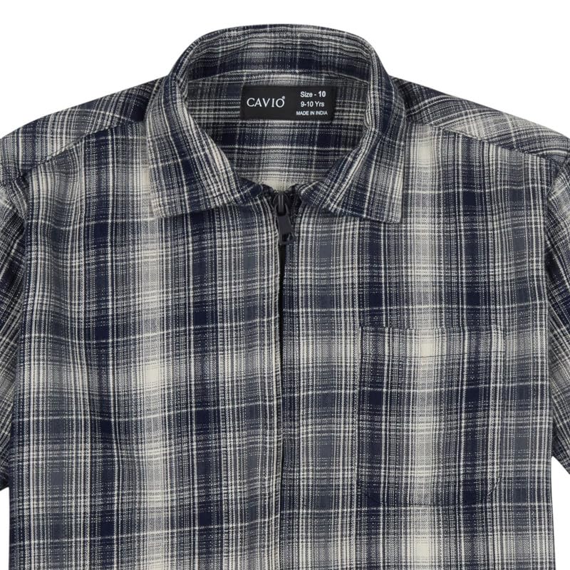 CAVIO Boys Cotton Checks Full Sleeves Shirt with Regular Fit T-Shirt Navy