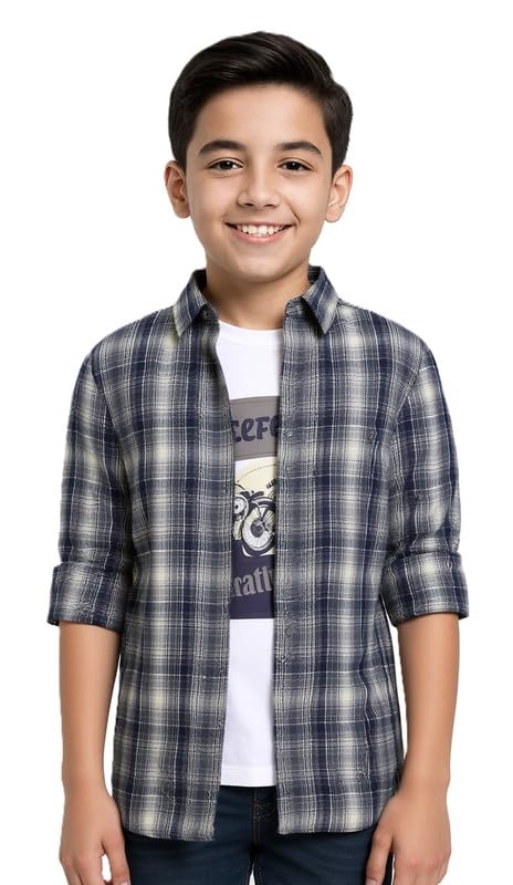 CAVIO Boys Cotton Checks Full Sleeves Shirt with Regular Fit T-Shirt Navy