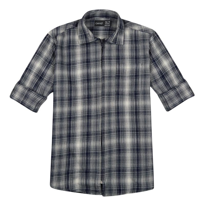 CAVIO Boys Cotton Checks Full Sleeves Shirt with Regular Fit T-Shirt Navy