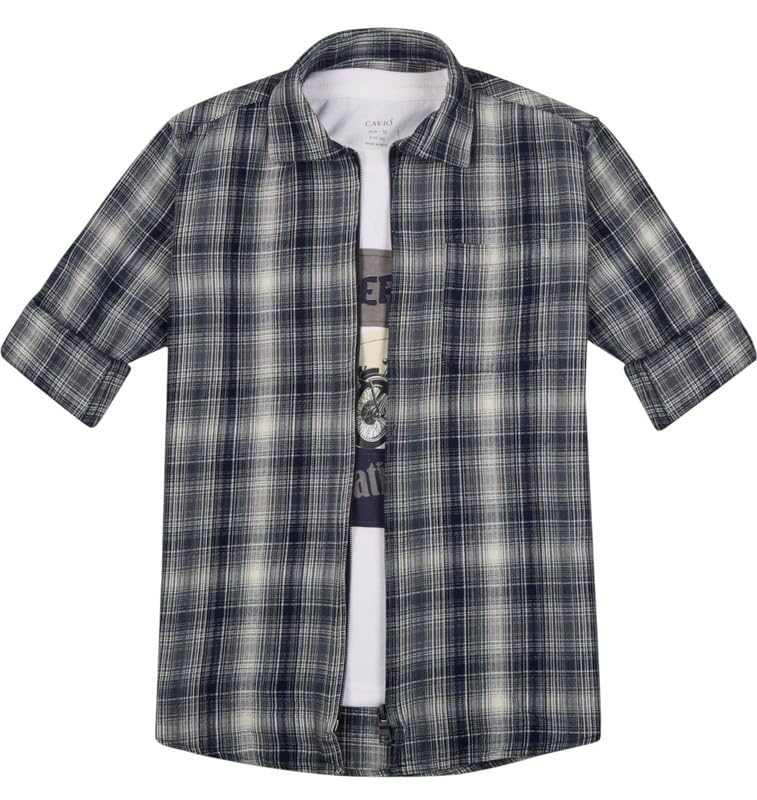 CAVIO Boys Cotton Checks Full Sleeves Shirt with Regular Fit T-Shirt Navy