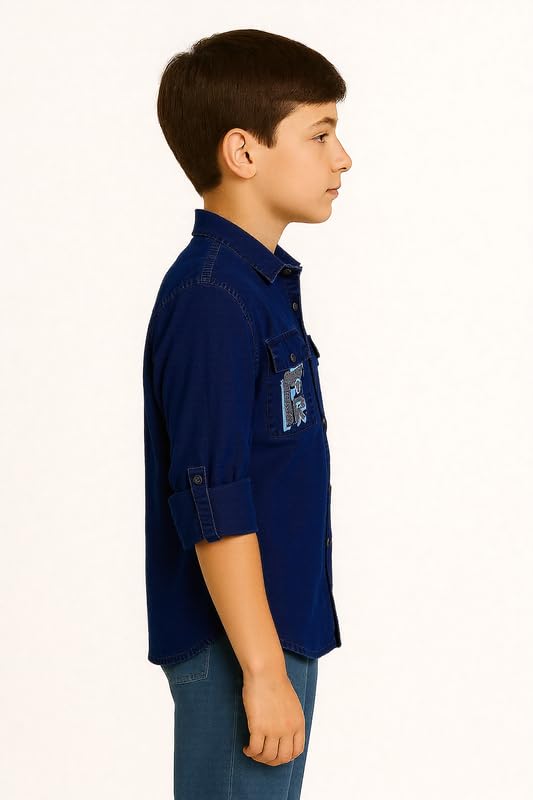 Charchit boys navy full sleeves casual shirt and t-shirt set, plain design, suitable for boys, casual wear, front view.