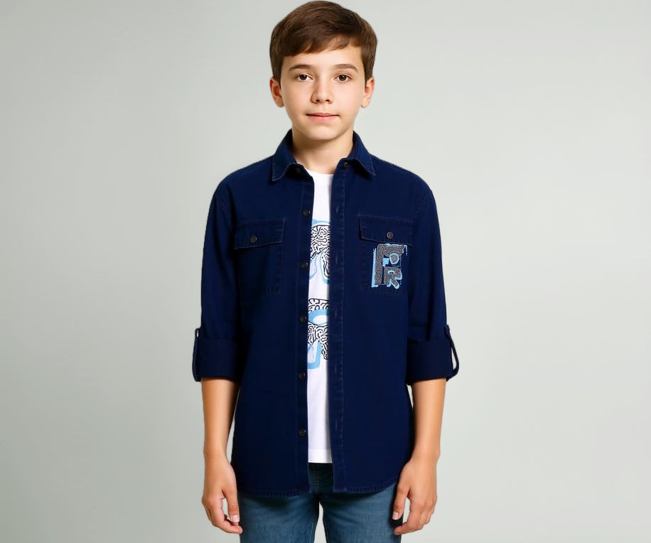 Charchit boys navy full sleeves casual shirt and T-shirt set, plain design, suitable for everyday wear, displayed on a hanger.