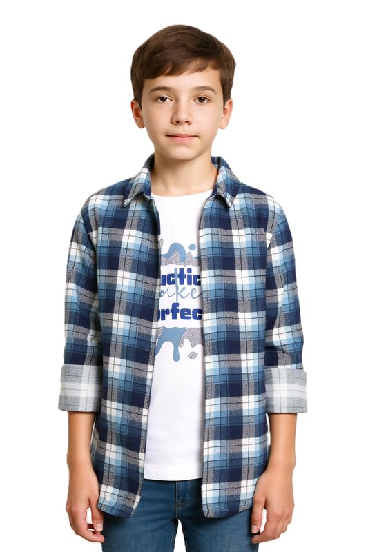 CAVIO Boys Checks Full Sleeve Shirt and T-Shirt Blue