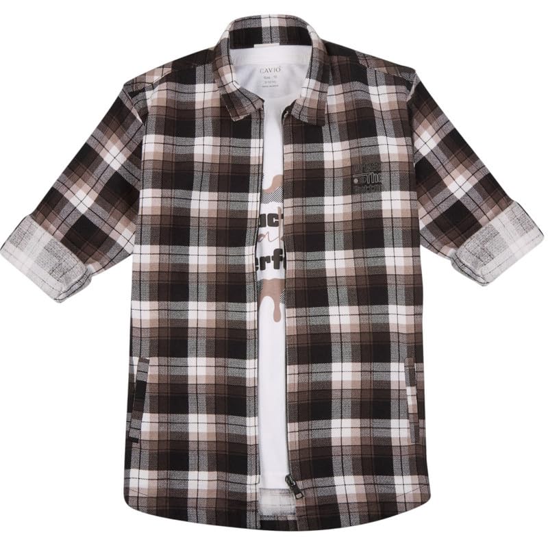 CAVIO Boys Cotton Checks Full Sleeves Shirt with Regular Fit T-Shirt Magenta