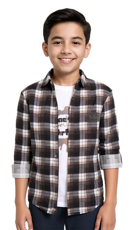 CAVIO Boys Cotton Checks Full Sleeves Shirt with Regular Fit T-Shirt Magenta