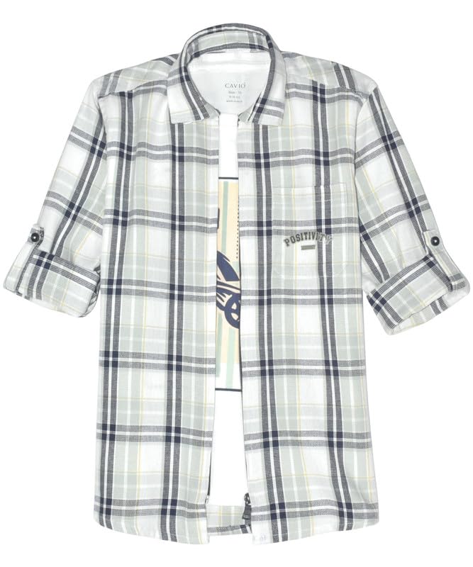 CAVIO Boys Cotton Full Sleeve Checks Shirt with Regular Fit T-Shirt LightGreen