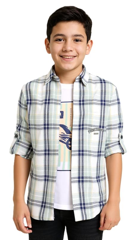 CAVIO Boys Cotton Full Sleeve Checks Shirt with Regular Fit T-Shirt LightGreen