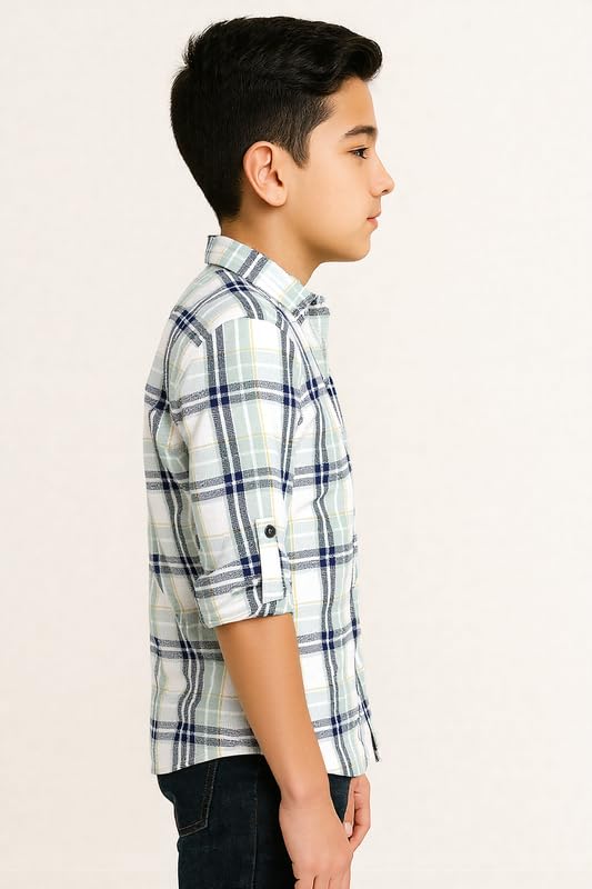 CAVIO Boys Cotton Full Sleeve Checks Shirt with Regular Fit T-Shirt LightGreen