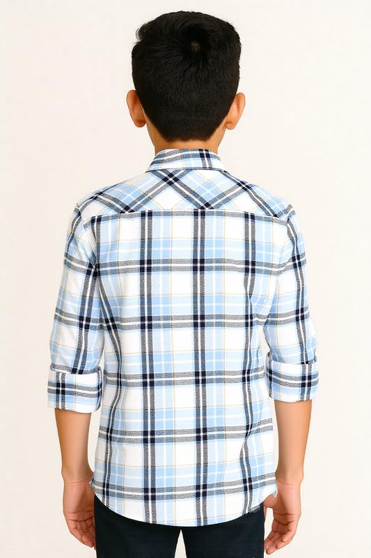 CAVIO Boys Cotton Full Sleeve Checks Shirt with Regular Fit T-Shirt Blue