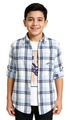 CAVIO Boys Cotton Full Sleeve Checks Shirt with Regular Fit T-Shirt Blue