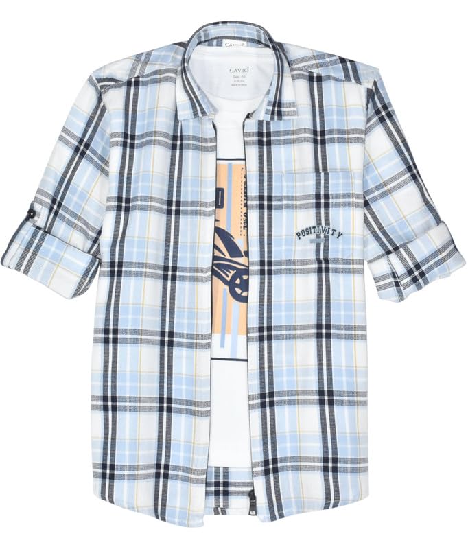CAVIO Boys Cotton Full Sleeve Checks Shirt with Regular Fit T-Shirt Blue