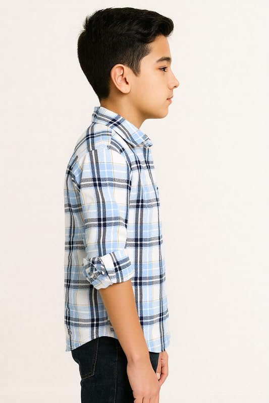 CAVIO Boys Cotton Full Sleeve Checks Shirt with Regular Fit T-Shirt Blue