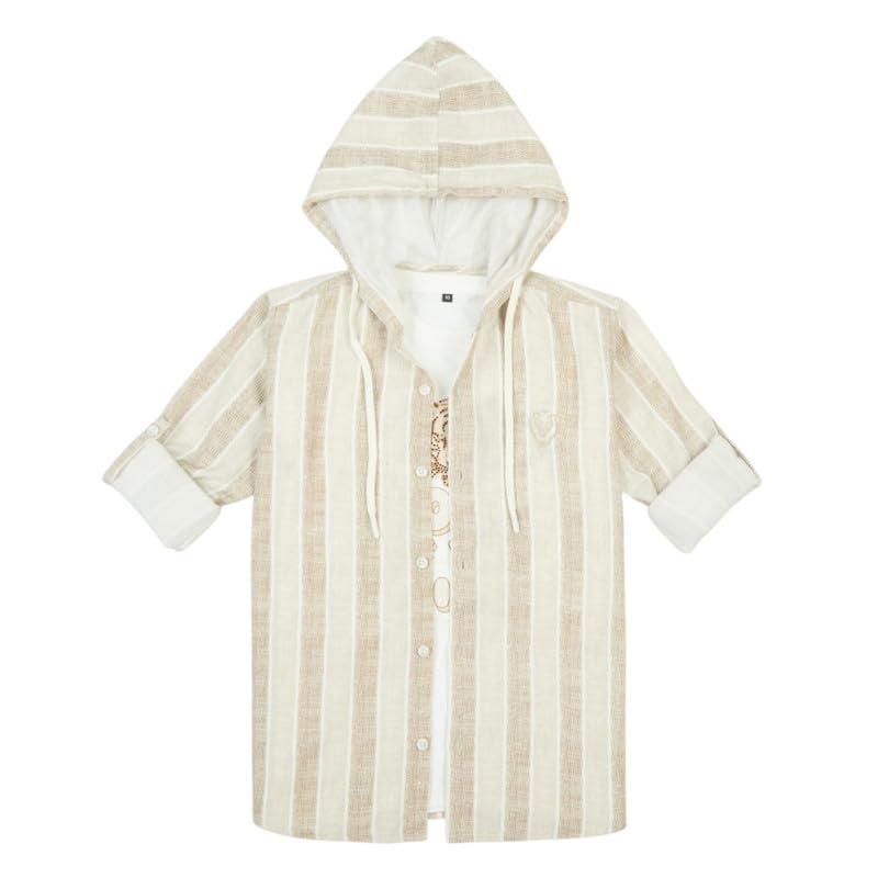 CAVIO Boys Cotton Striped Full Sleeves Hooded Shirt & T-Shirt Brown