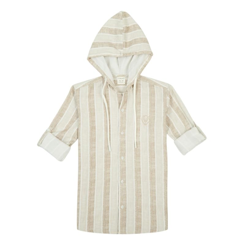 CAVIO Boys Cotton Striped Full Sleeves Hooded Shirt & T-Shirt Brown