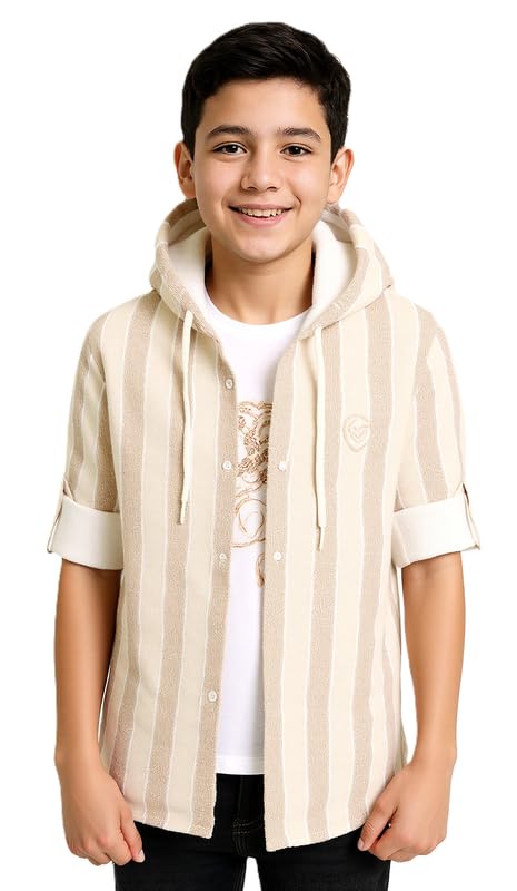 CAVIO Boys Cotton Striped Full Sleeves Hooded Shirt & T-Shirt Brown