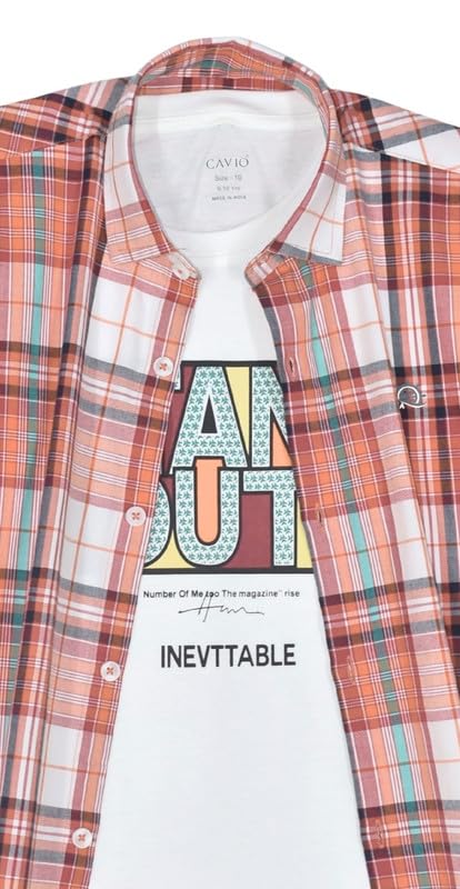 CAVIO Boys Regular fit Checks Full Sleeves Casual Shirt and T-Shirt Orange