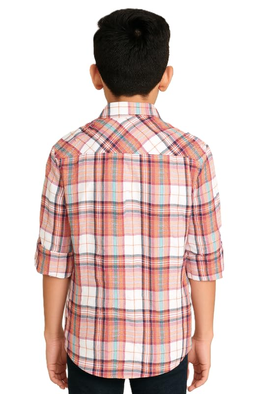 CAVIO Boys Regular fit Checks Full Sleeves Casual Shirt and T-Shirt Orange