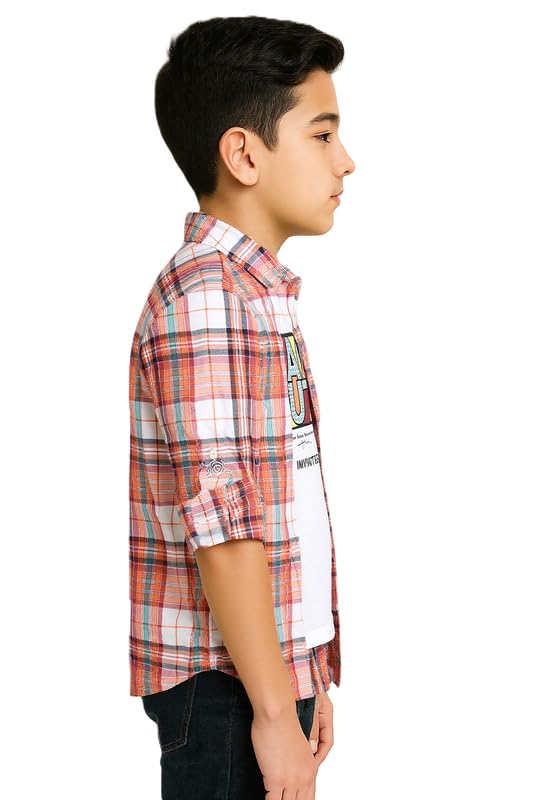 CAVIO Boys Regular fit Checks Full Sleeves Casual Shirt and T-Shirt Orange