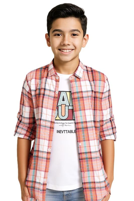 CAVIO Boys Regular fit Checks Full Sleeves Casual Shirt and T-Shirt Orange