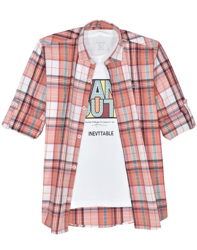 CAVIO Boys Regular fit Checks Full Sleeves Casual Shirt and T-Shirt Orange