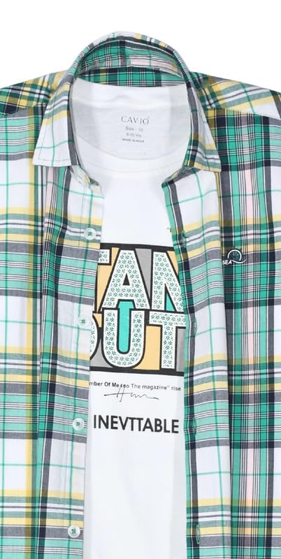 CAVIO Boys Regular fit Checks Full Sleeves Casual Shirt and T-Shirt Green
