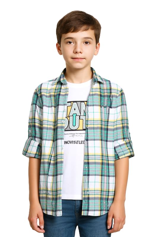 CAVIO Boys Regular fit Checks Full Sleeves Casual Shirt and T-Shirt Green