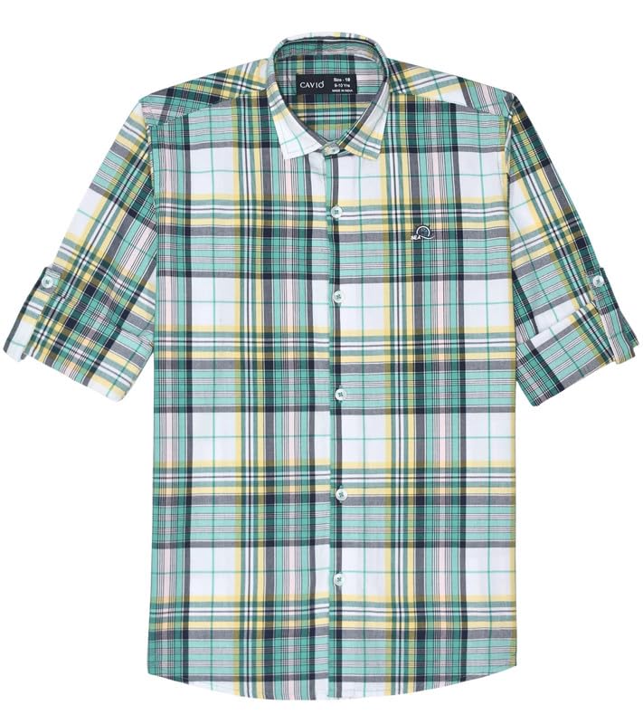 CAVIO Boys Regular fit Checks Full Sleeves Casual Shirt and T-Shirt Green