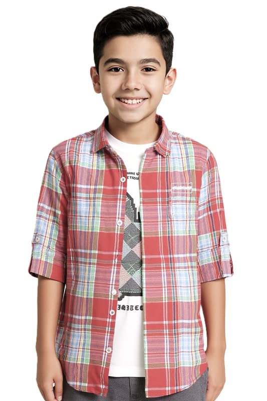 CAVIO Boys Regular fit Checks Full Sleeves Casual Shirt and T-Shirt Red