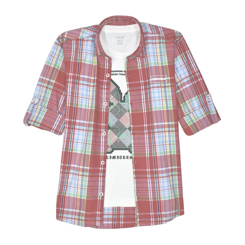 CAVIO Boys Regular fit Checks Full Sleeves Casual Shirt and T-Shirt Red