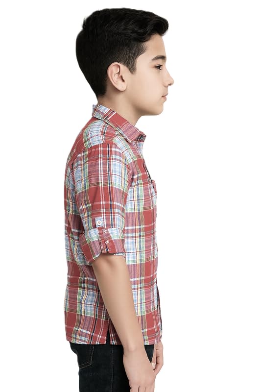 CAVIO Boys Regular fit Checks Full Sleeves Casual Shirt and T-Shirt Red
