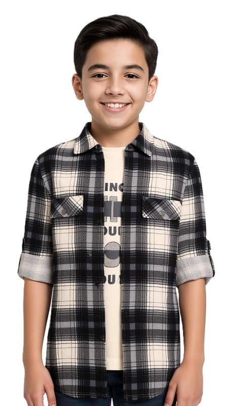 CAVIO Boys Cotton Checks Full Sleeves Shirt with Regular Fit T-Shirt Grey