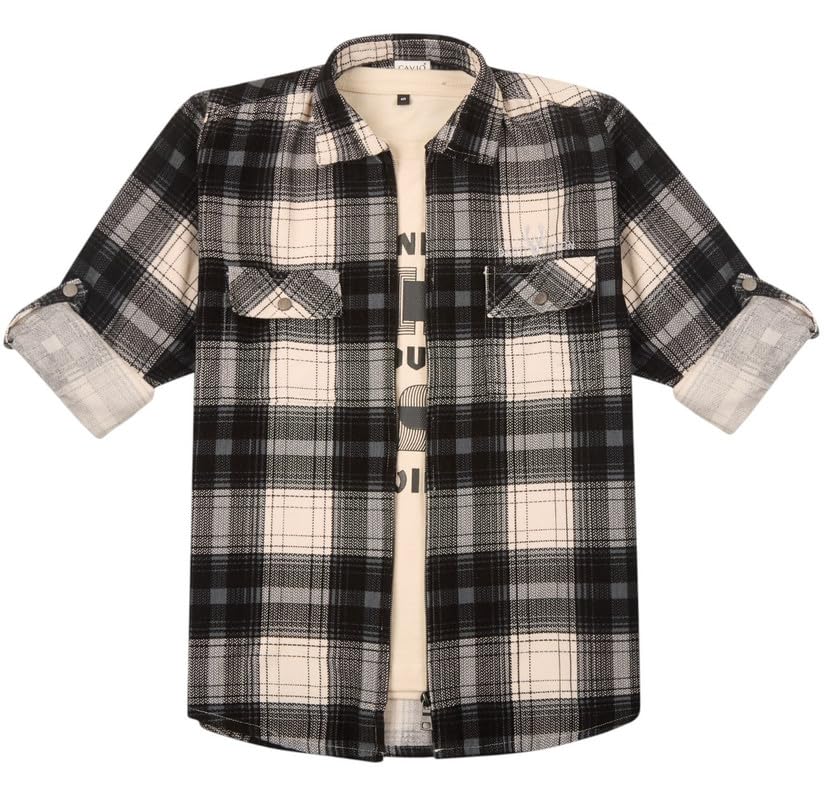 CAVIO Boys Cotton Checks Full Sleeves Shirt with Regular Fit T-Shirt Grey
