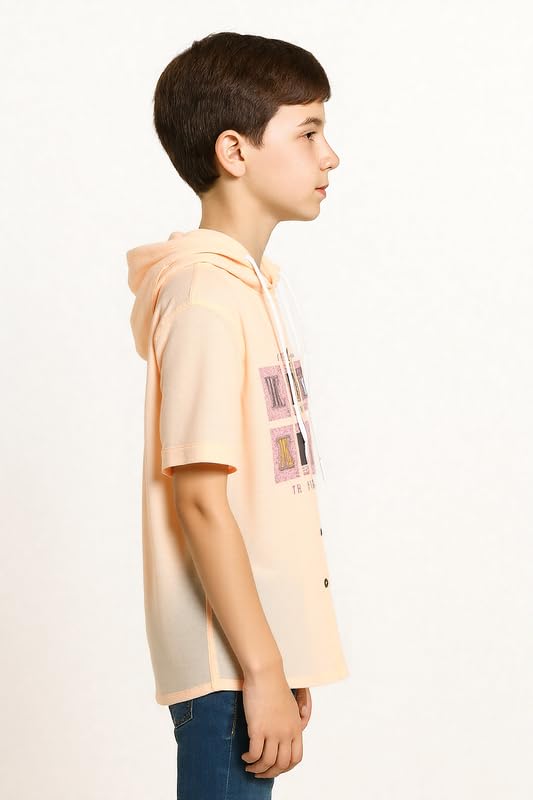 CAVIO Boys Plain Half Sleeve Hooded Shirt and T-Shirt Peach