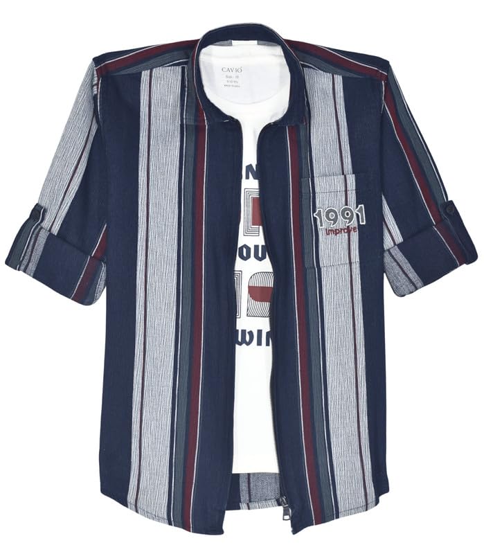 CAVIO Boys Regular fit Striped Full Sleeves Casual Shirt and T-Shirt Red