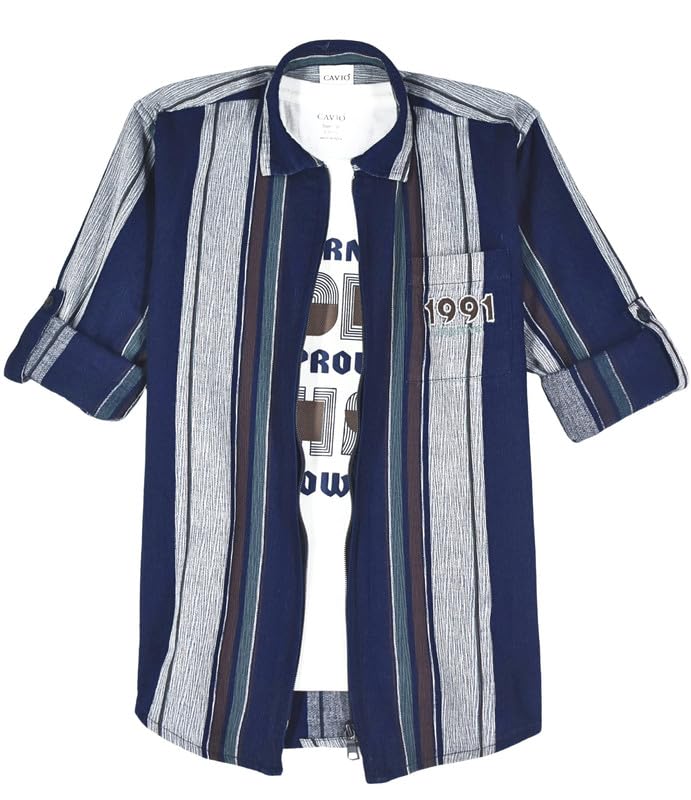 CAVIO Boys Striped Full Sleeve Shirt with Regular Fit T-Shirt Seagreen